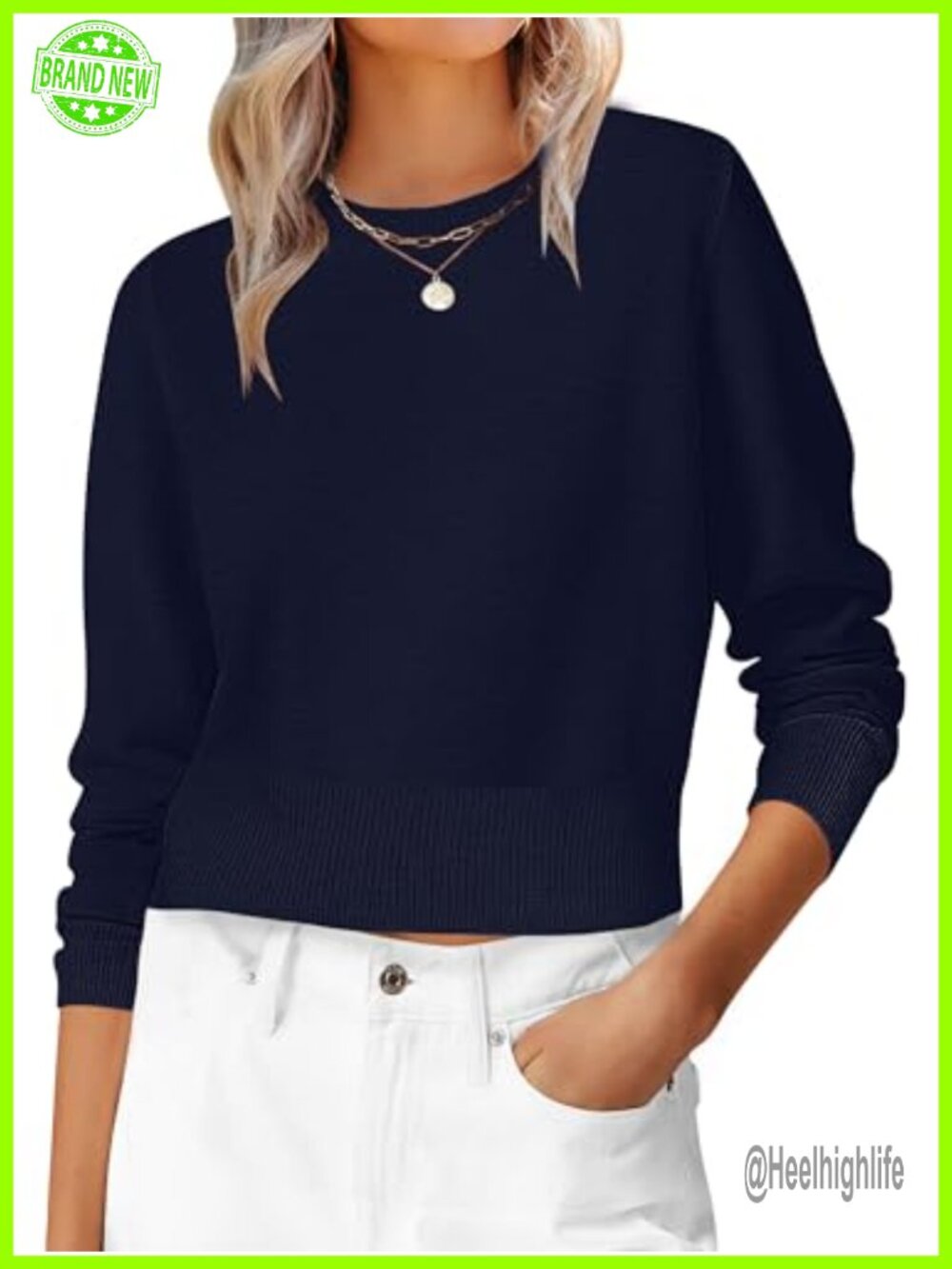 Women's Long Sleeve Cropped Crew Neck Ribbed Knit Pullover Sweater